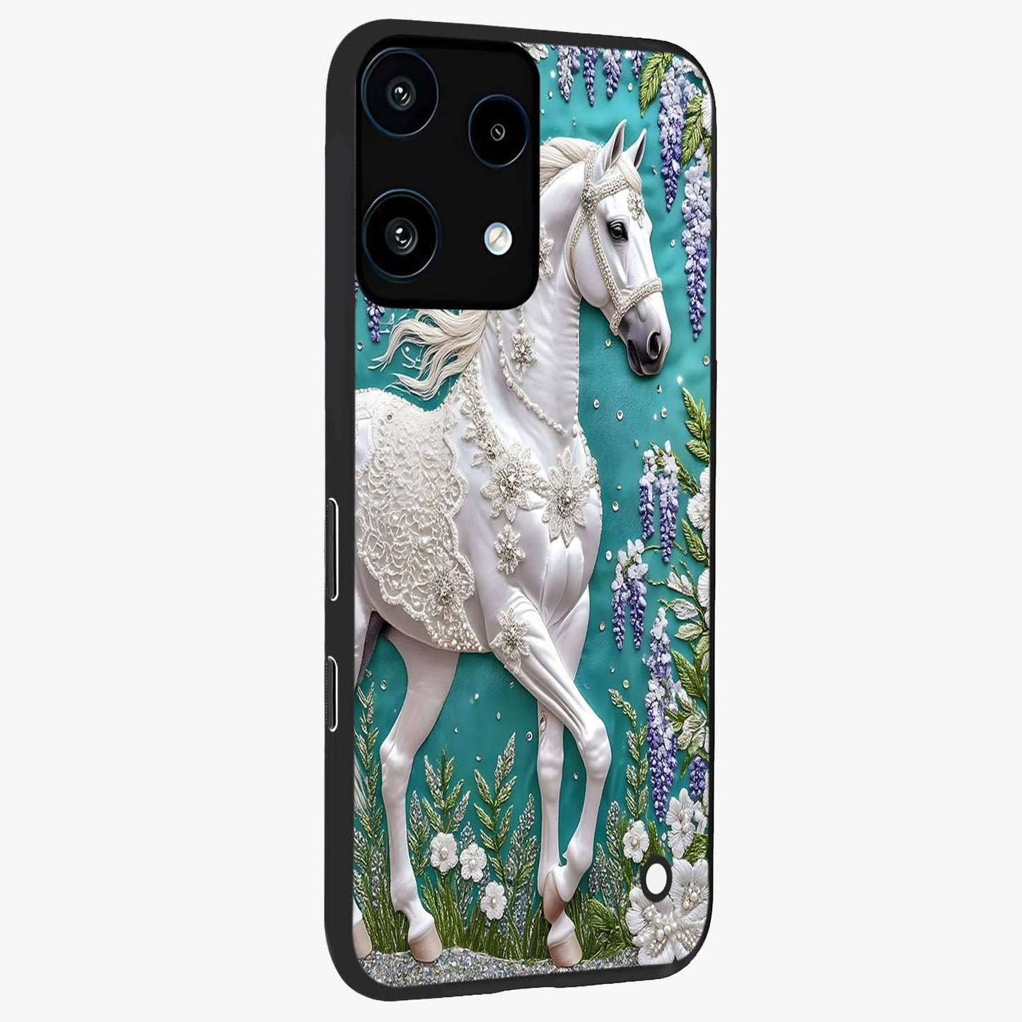 Majestic Floral Stallion Glass Case upright view showcasing dramatic horse artwork with decorative floral theme.
