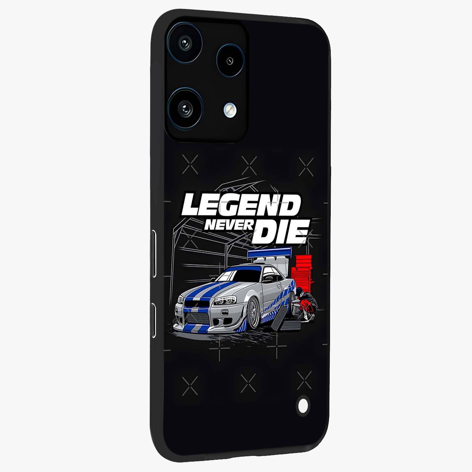Midnight Racing Legacy Glass Case upright view showcasing powerful racing artwork with modern sports theme.