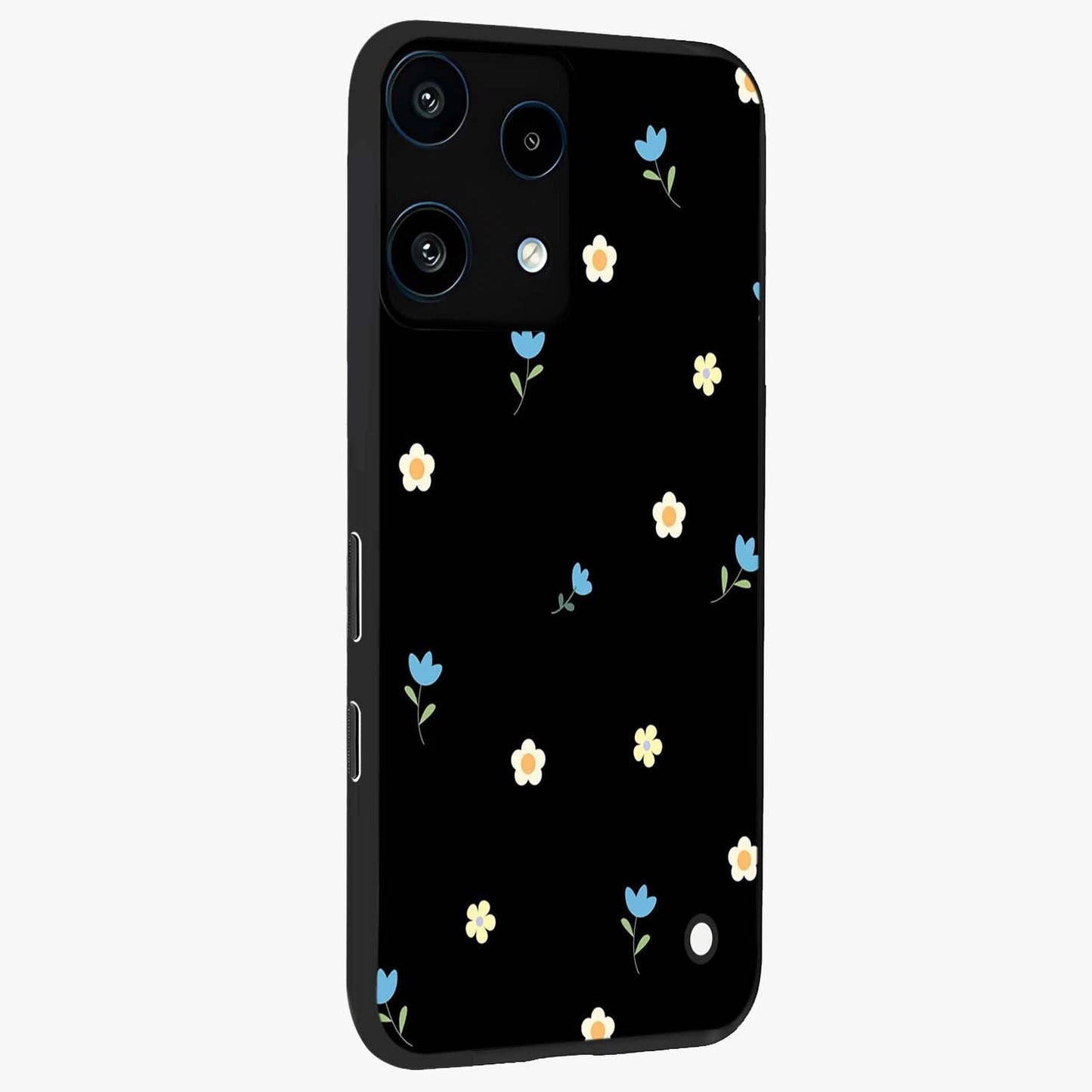 Minimal Petal Whispers Glass Case upright view showcasing elegant floral artwork with modern minimalist style.