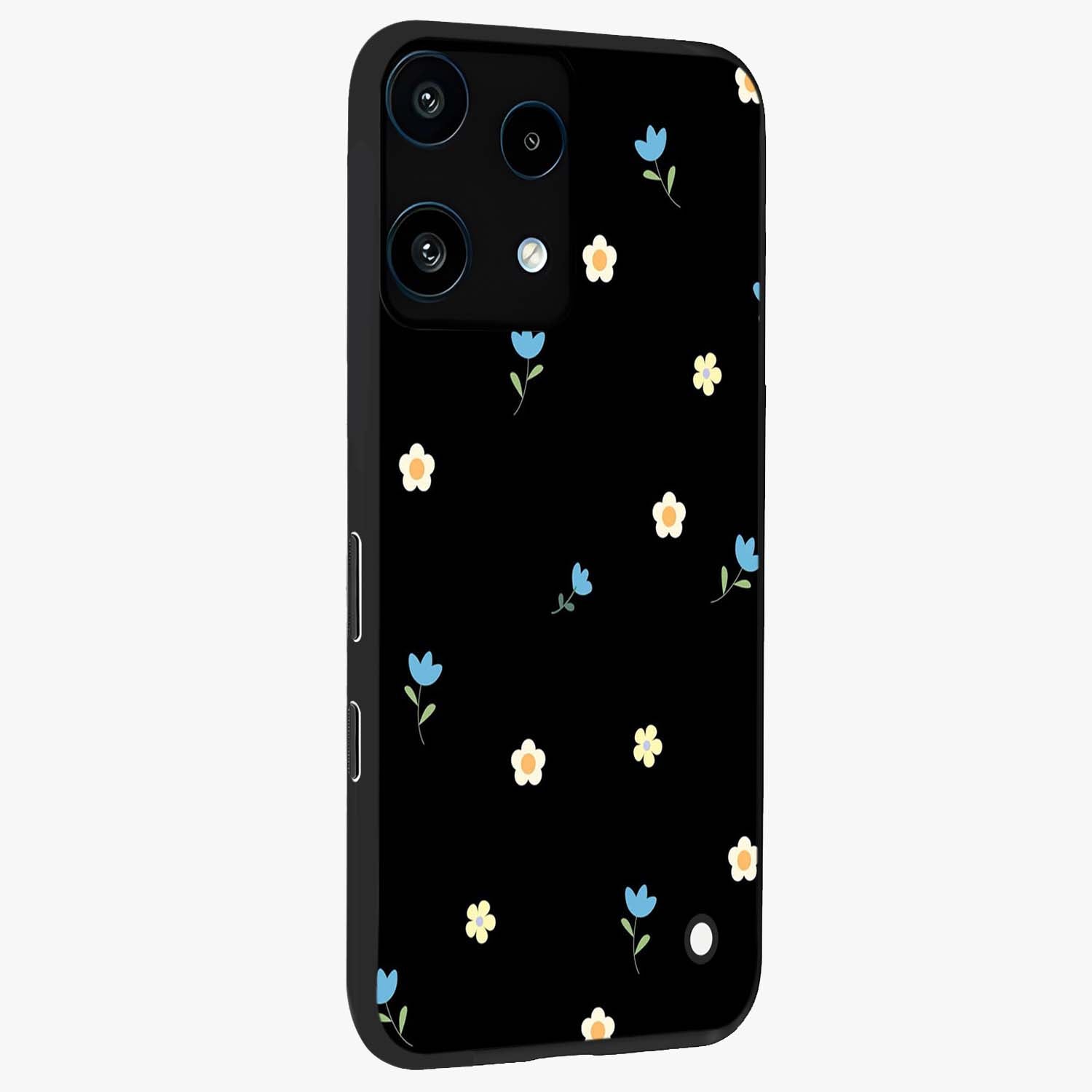 Minimal Petal Whispers Glass Case upright view showcasing elegant floral artwork with modern minimalist style.