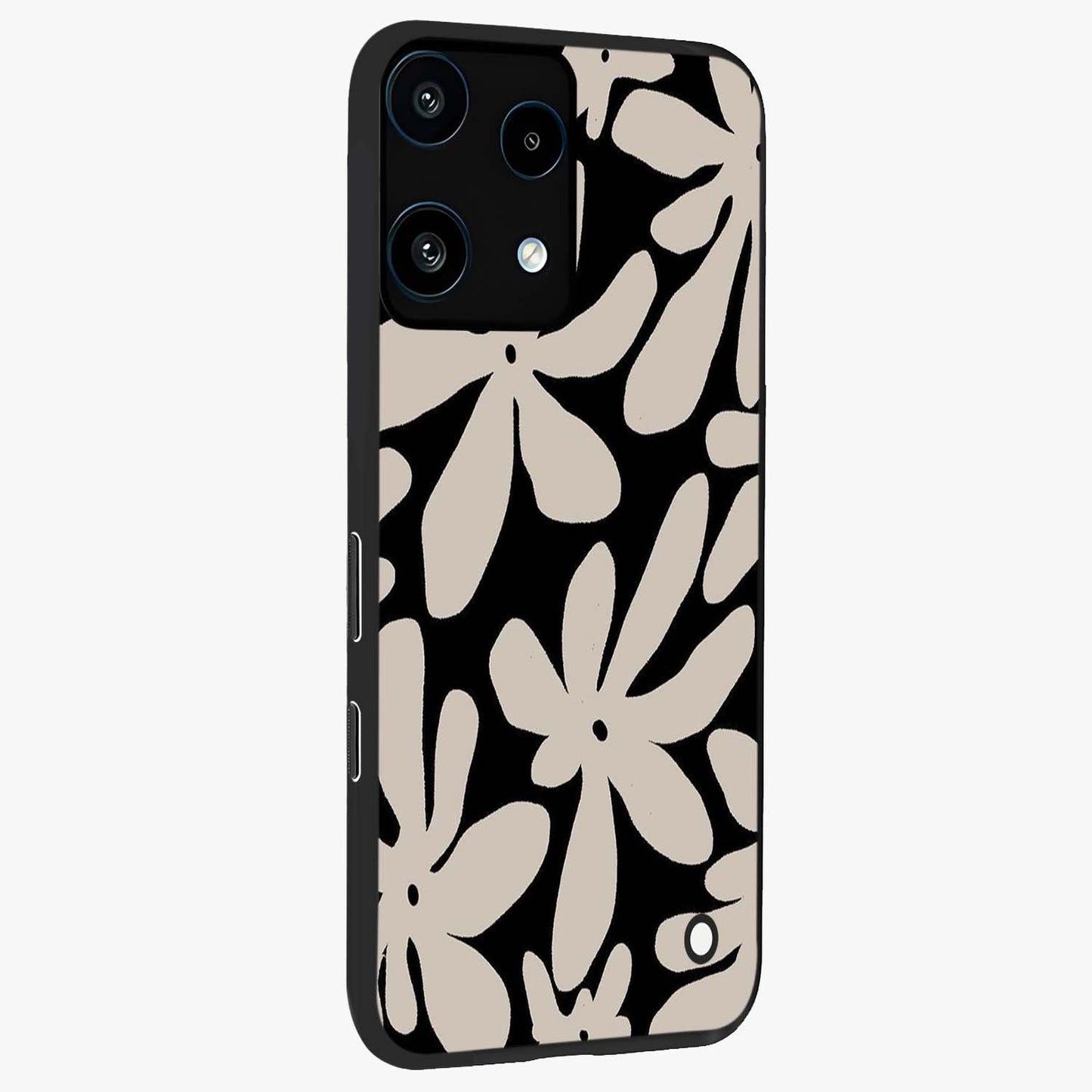 Monochrome Petal Dance Glass Case upright view showcasing artistic floral pattern with stylish monochrome theme.