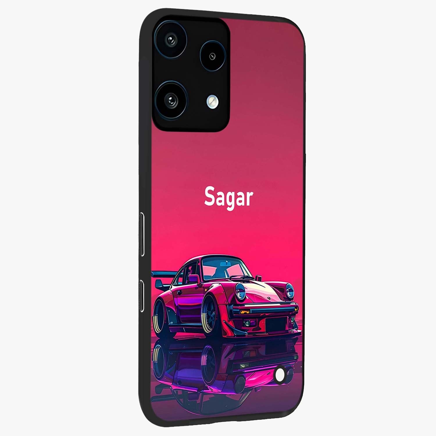 Neon Pink Porsche Glass Case upright view showcasing vibrant sports car artwork with bold automotive theme.