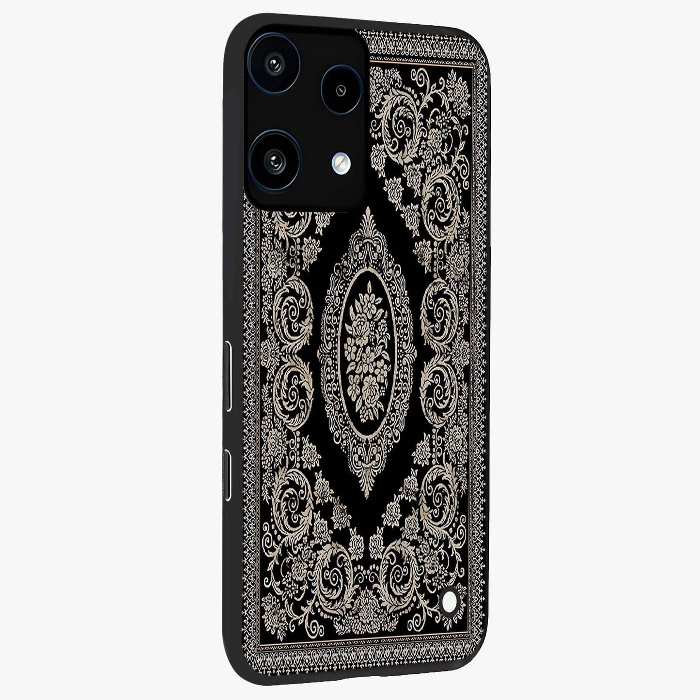 Noir Bloom Elegance Glass Case upright view showcasing graceful floral artwork with luxurious dark theme.