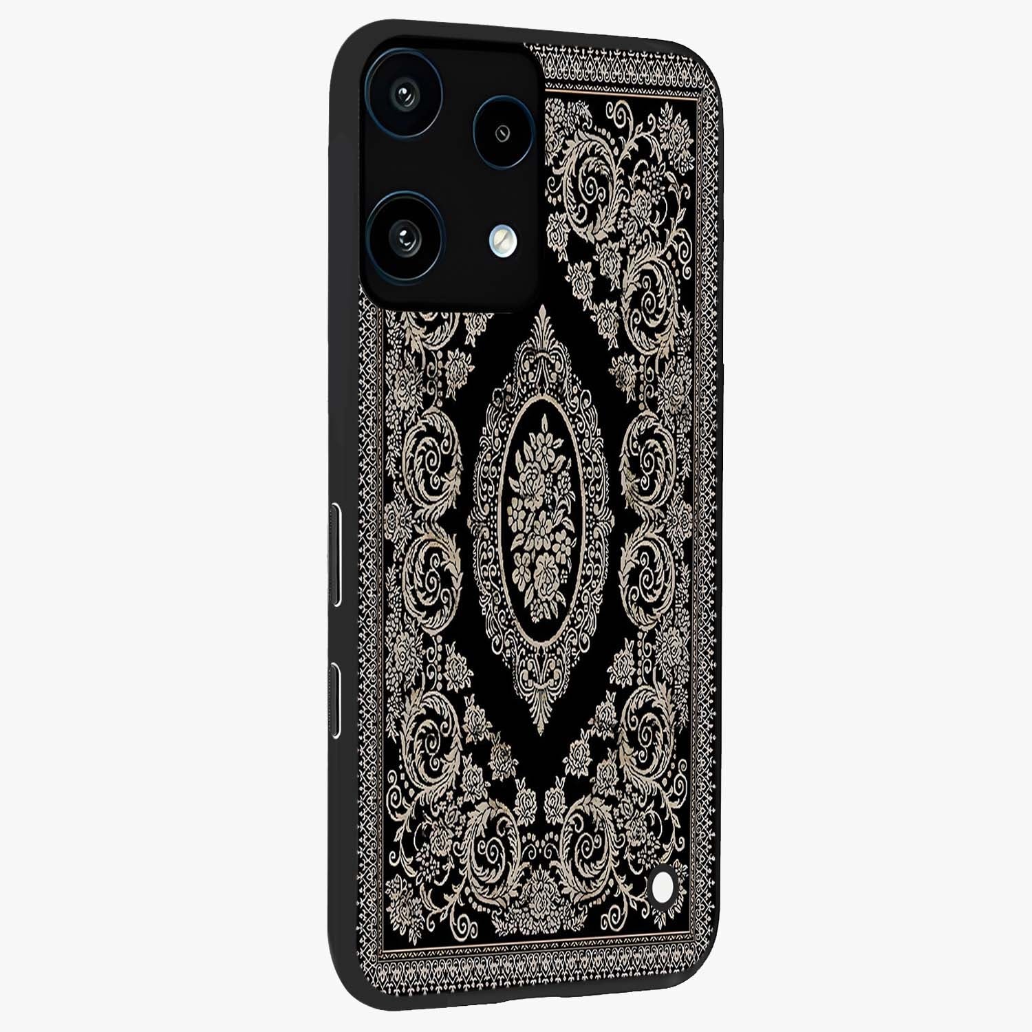Noir Bloom Elegance Glass Case upright view showcasing graceful floral artwork with luxurious dark theme.