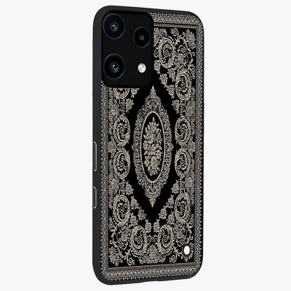 Noir Bloom Elegance Glass Case upright view showcasing graceful floral artwork with luxurious dark theme.