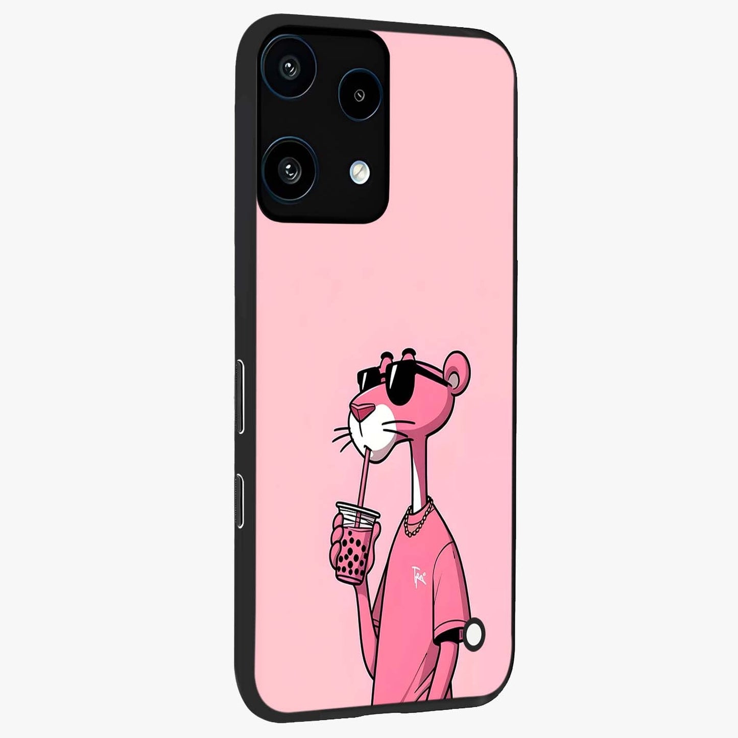 Pink Panther Glass Case upright view showcasing fun animated artwork with stylish retro cartoon theme.
