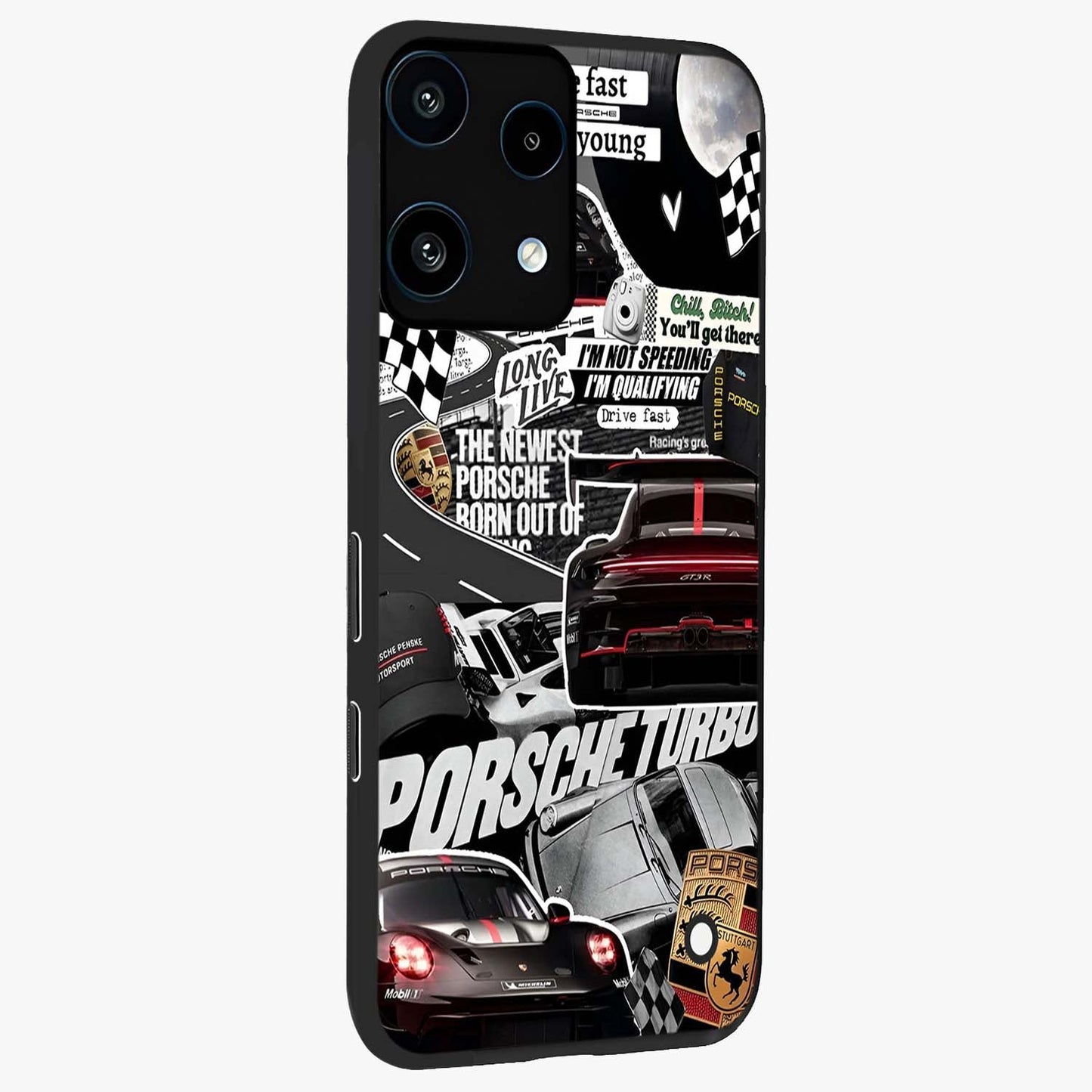 Porsche Racing Collage Glass Case upright view showcasing energetic car collage artwork with high speed racing theme.
