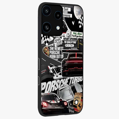 Porsche Racing Collage Glass Case upright view showcasing energetic car collage artwork with high speed racing theme.