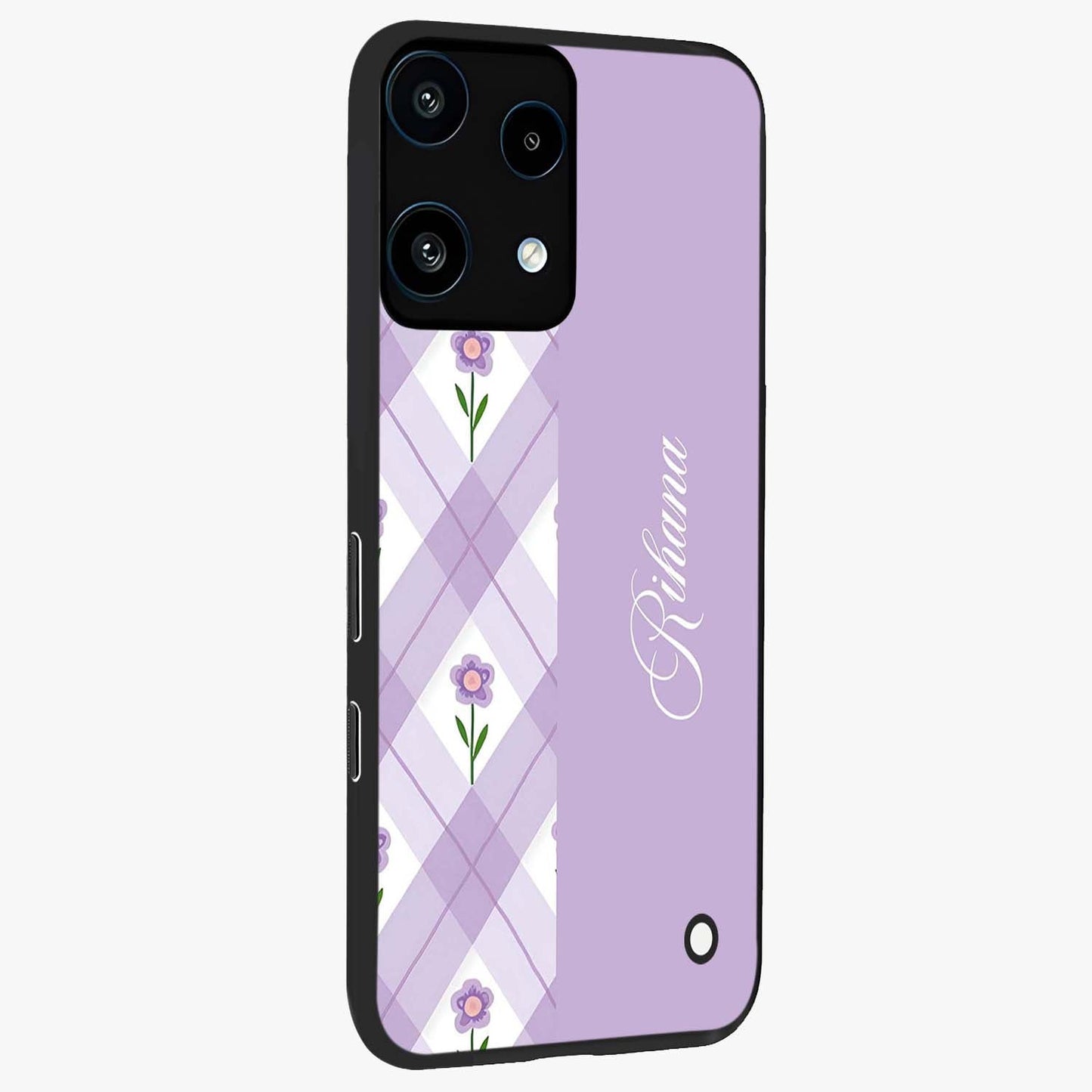 Purple Diamond Floral Glass Case upright view showcasing vibrant floral artwork with stylish geometric theme.