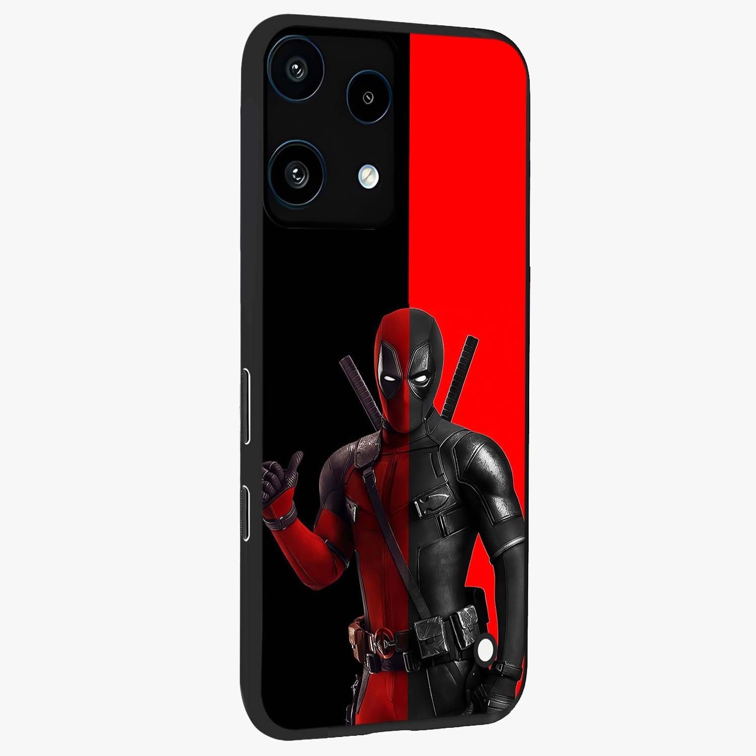 Red & Black Deadpool Theme Glass Case upright view showcasing energetic comic themed artwork with striking red and black design.