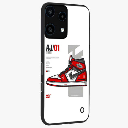 Retro Sneaker Blueprint Glass Case upright view showcasing stylish sneaker illustration with vintage streetwear theme.