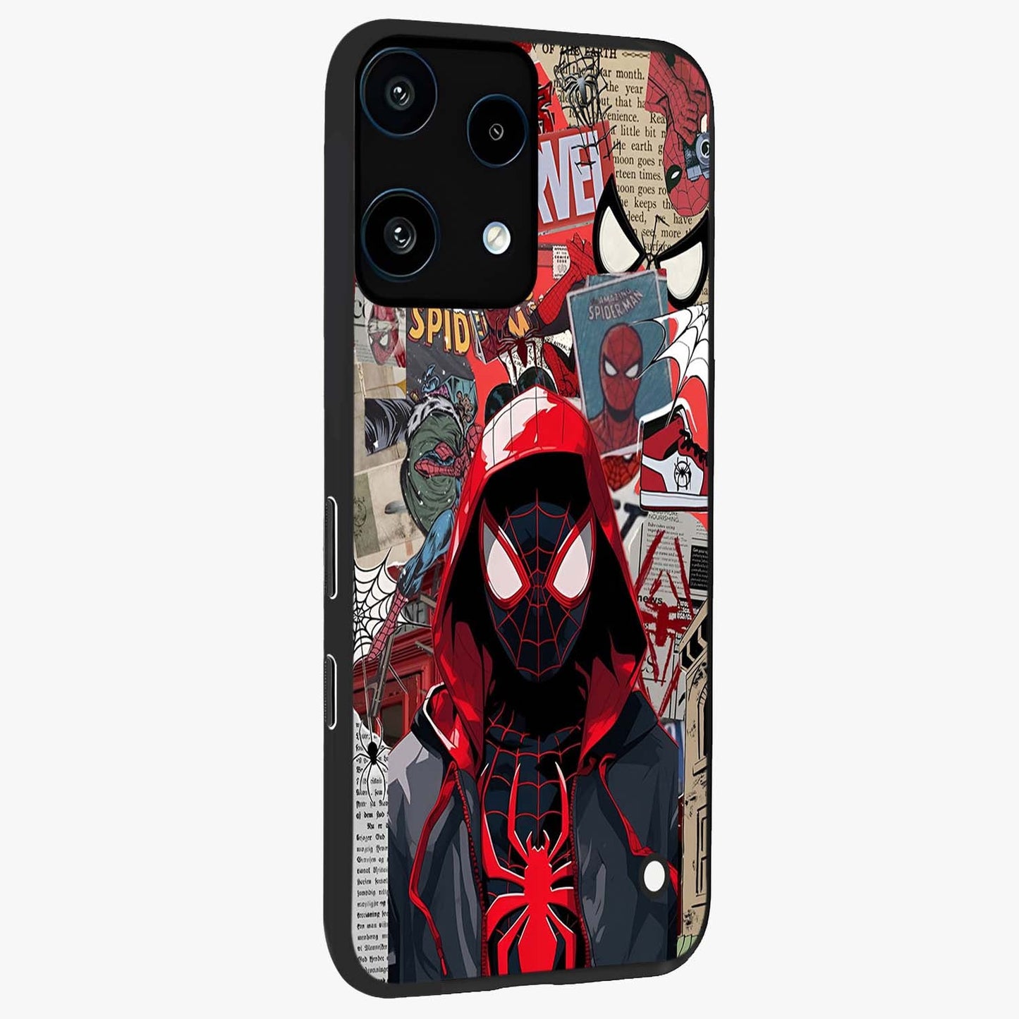 Spider Collage Street Glass Case upright view showcasing bold superhero artwork with urban street theme.