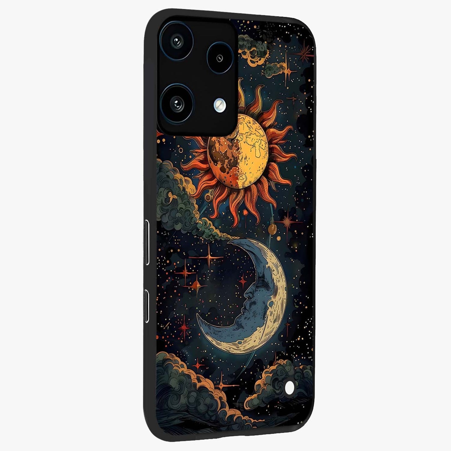 Sun And Moon Magic Design Glass Case upright view showcasing decorative sun and moon artwork with spiritual celestial theme.