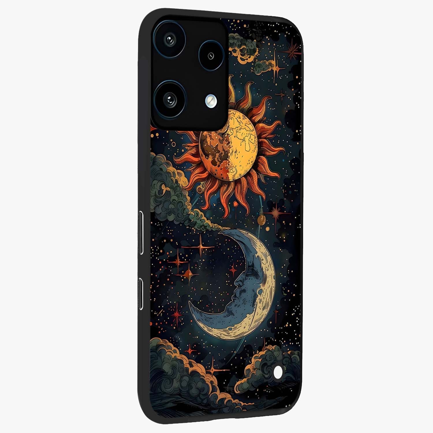 Sun And Moon Magic Design Glass Case upright view showcasing decorative sun and moon artwork with spiritual celestial theme.