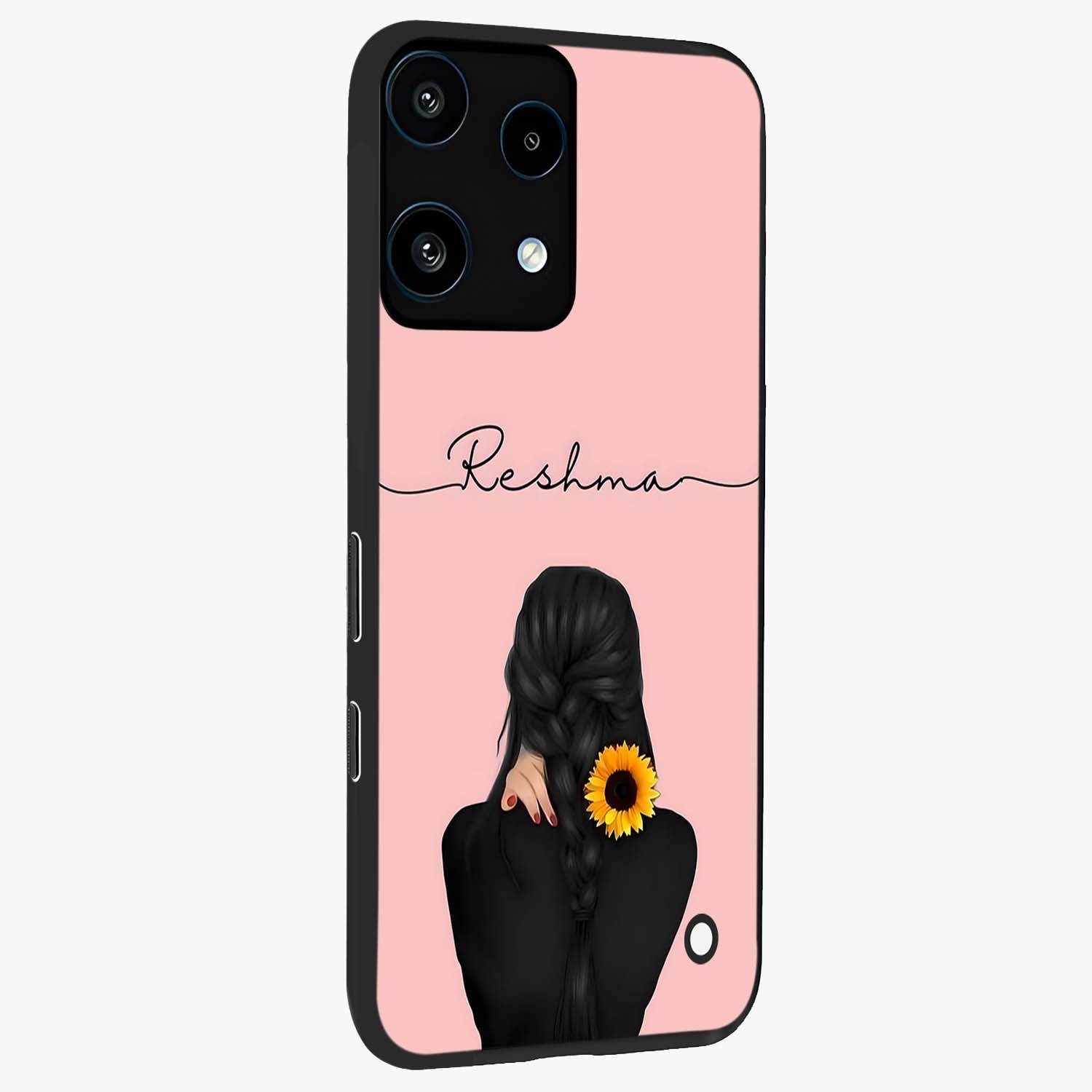 Sunflower Braid Beauty With Custom Name Glass Case upright view showcasing bright sunflower artwork with personalized floral aesthetic.