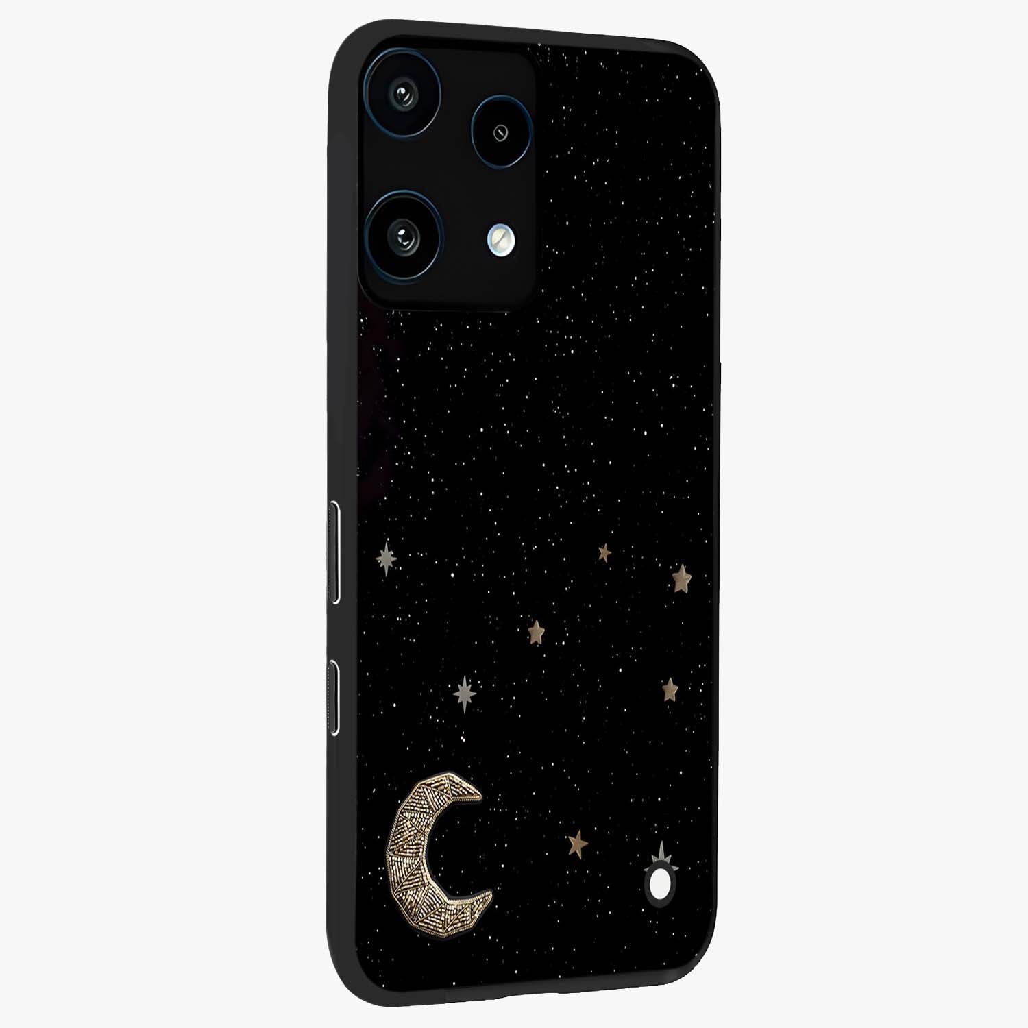 Twinkle Star With Half Moon Glass Case upright view showcasing glowing cosmic artwork with dreamy night theme.