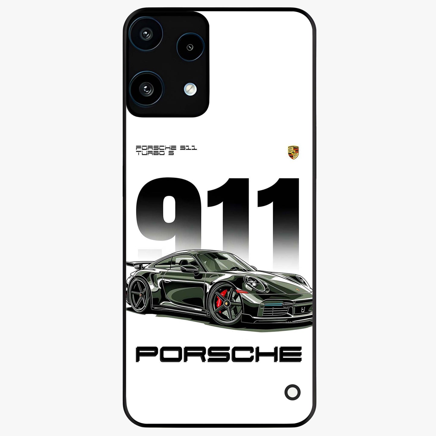 911 Turbo Dominance Glass Case showing clean flat back view with bold 911 sports car artwork and glossy glass finish.
