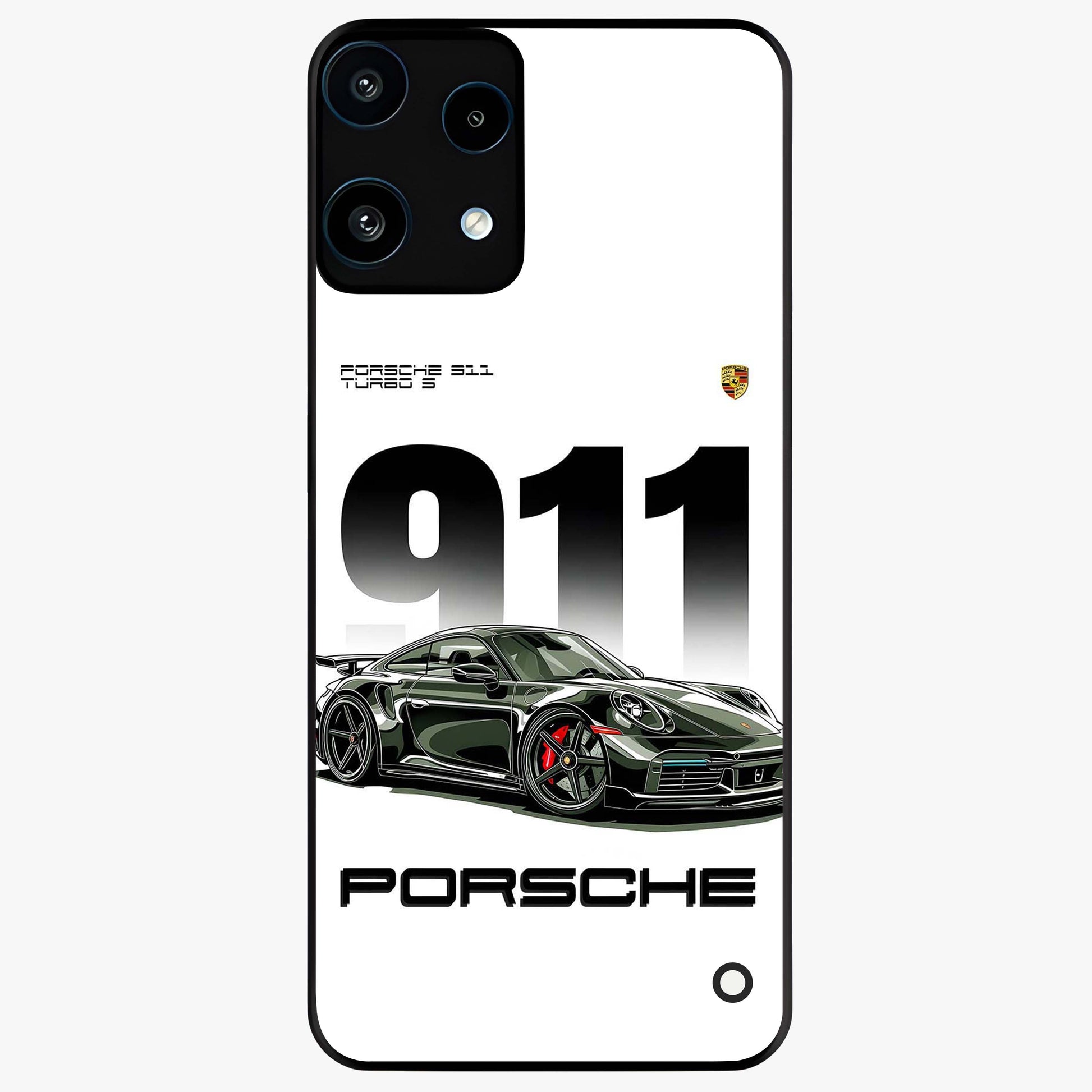 911 Turbo Dominance Glass Case showing clean flat back view with bold 911 sports car artwork and glossy glass finish.