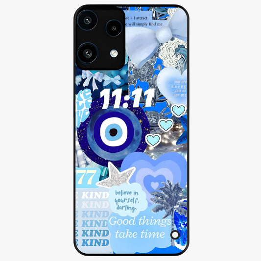 Aesthetic Be Kind Eye Glass Case showing flat back view with motivational eye artwork and glossy glass finish.