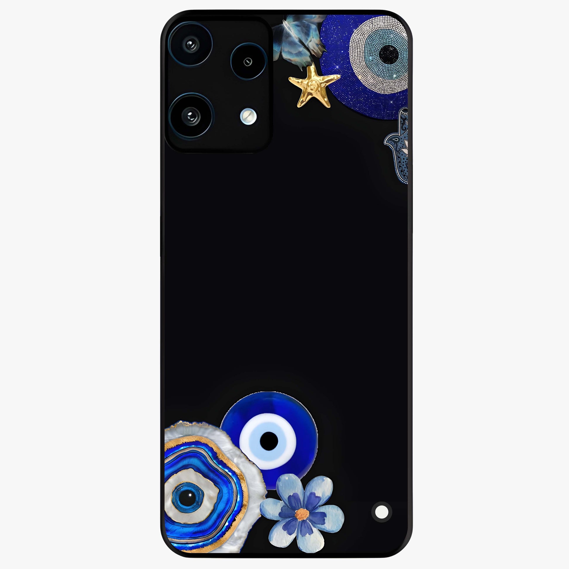 Aesthetic Blue Evil Eye Glass Case showing flat back view with protective evil eye artwork and glossy glass finish.
