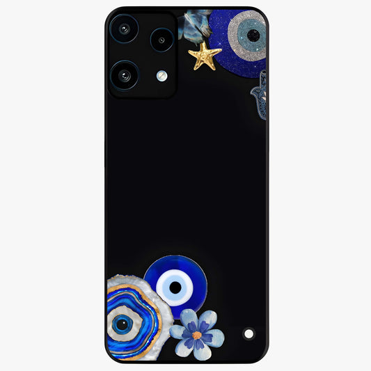 Aesthetic Blue Evil Eye Glass Case showing flat back view with protective evil eye artwork and glossy glass finish.