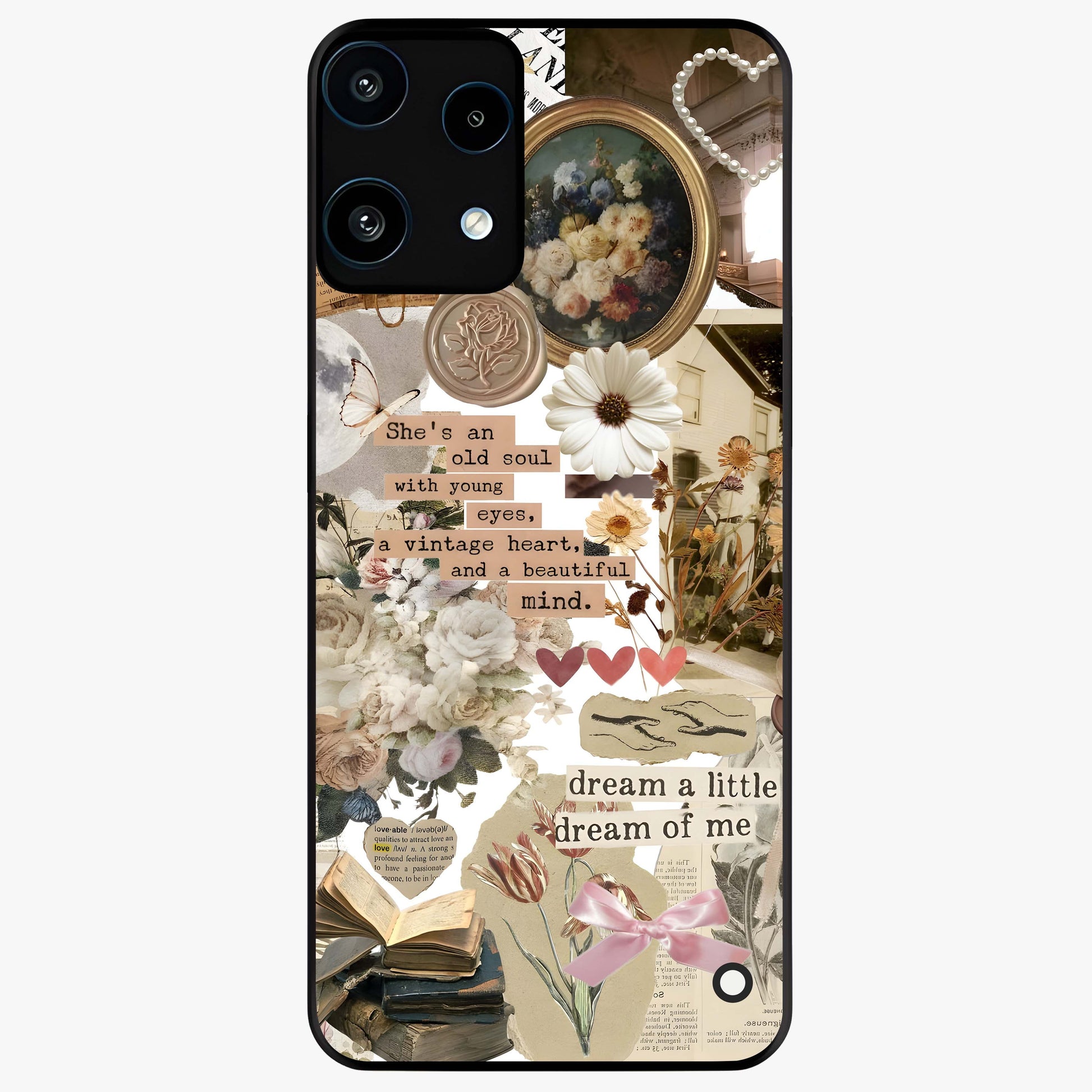 Aesthetic Brown Vintage Collage Glass Case showing flat back view with retro collage artwork and glossy glass finish.