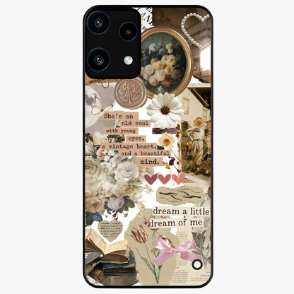 Aesthetic Brown Vintage Collage Glass Case showing flat back view with retro collage artwork and glossy glass finish.