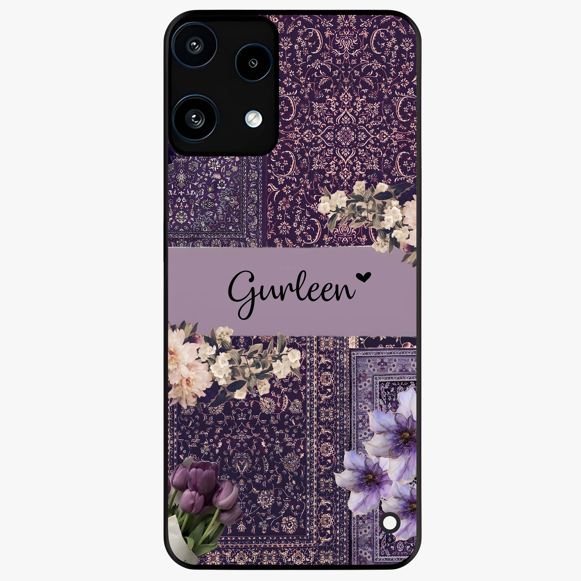 Antique Floral Whisper Custom Name Glass Case showing flat back view with vintage floral artwork and personalized name design.