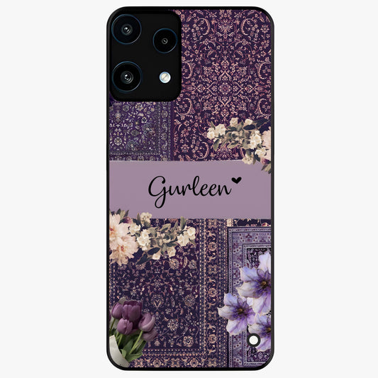 Antique Floral Whisper Custom Name Glass Case showing flat back view with vintage floral artwork and personalized name design.