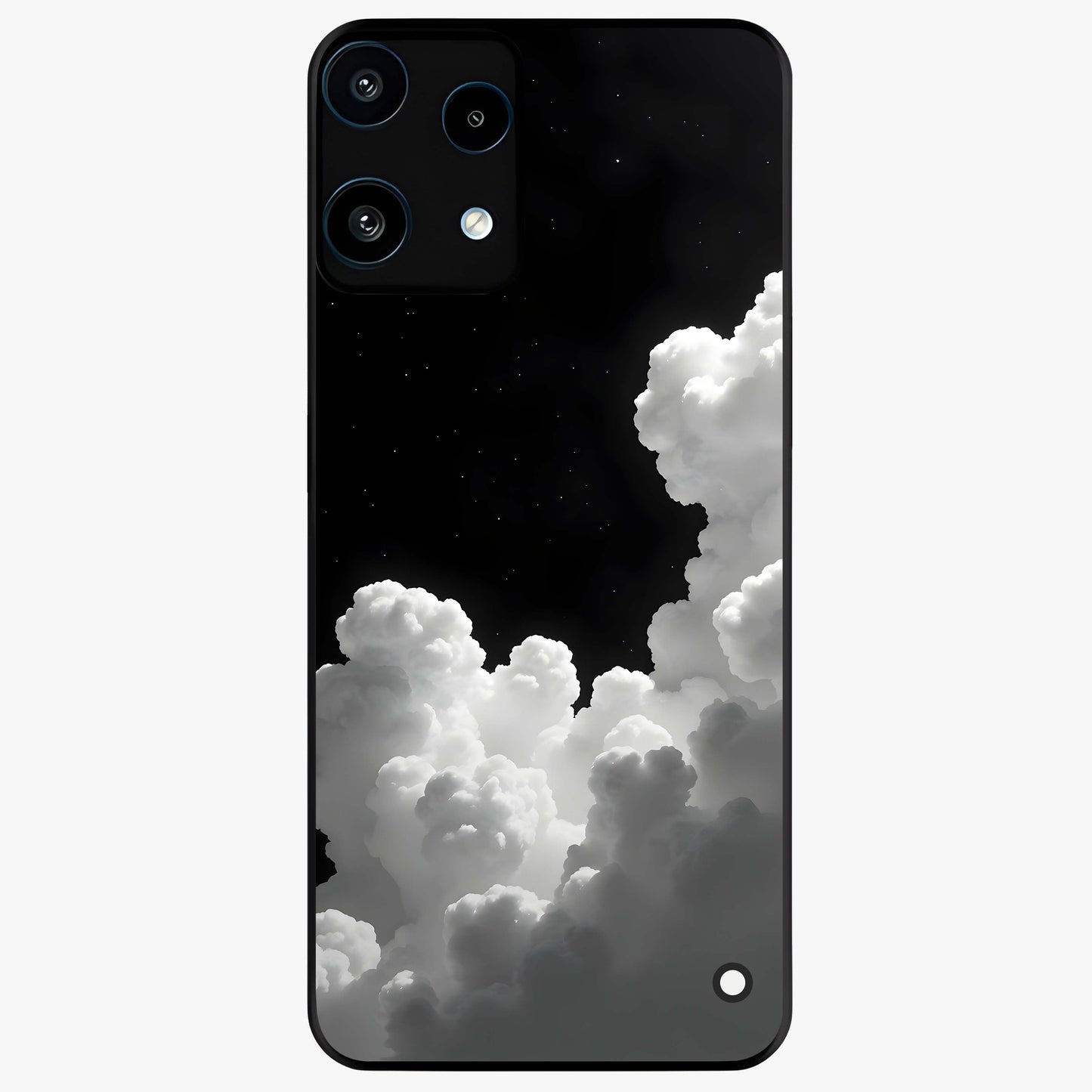 Black Background With White Cloud Glass Case showing flat back view with minimal cloud artwork on dark background and glossy glass finish.