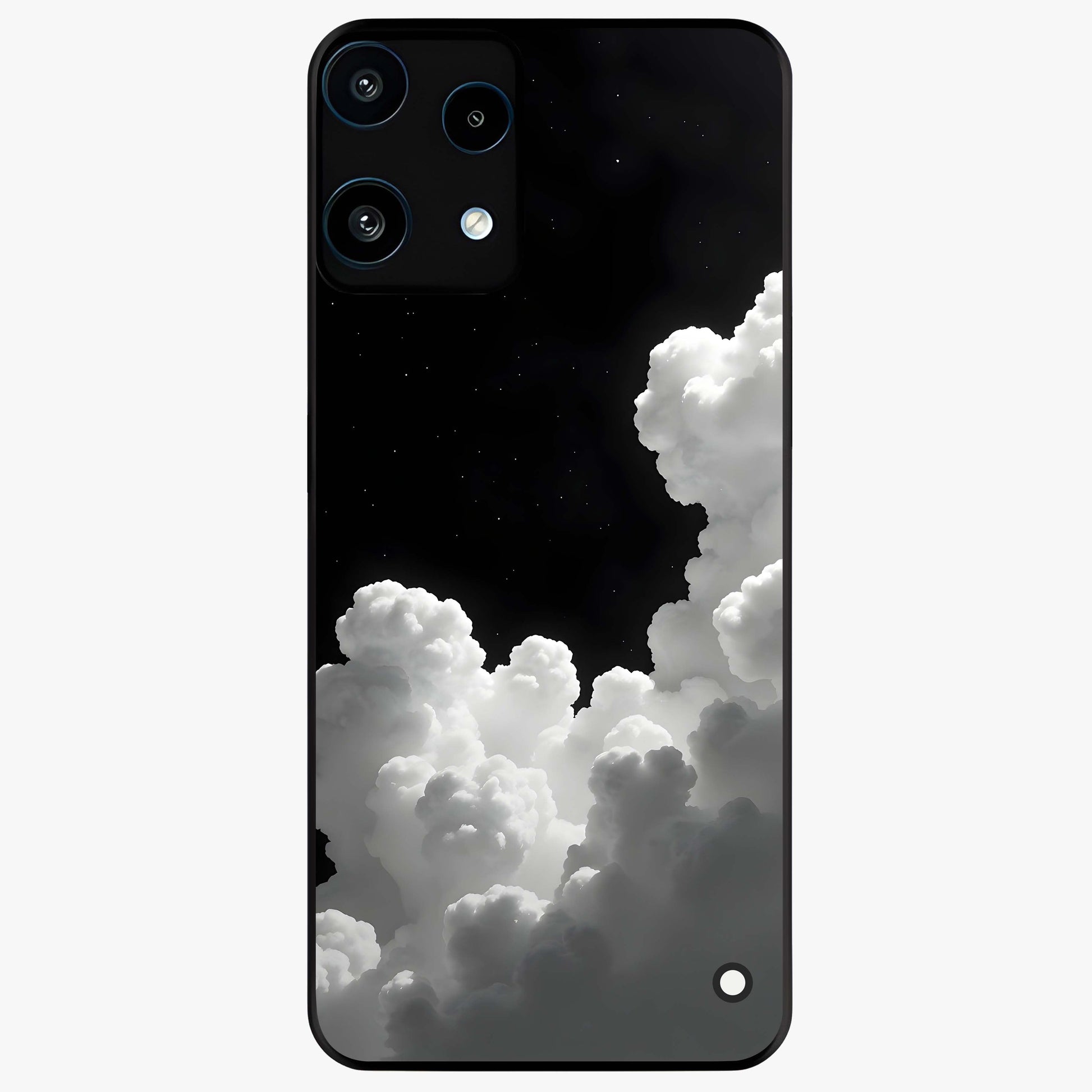 Black Background With White Cloud Glass Case showing flat back view with minimal cloud artwork on dark background and glossy glass finish.