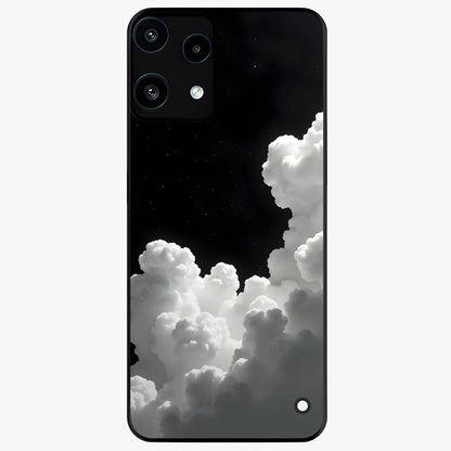Black Background With White Cloud Glass Case showing flat back view with minimal cloud artwork on dark background and glossy glass finish.