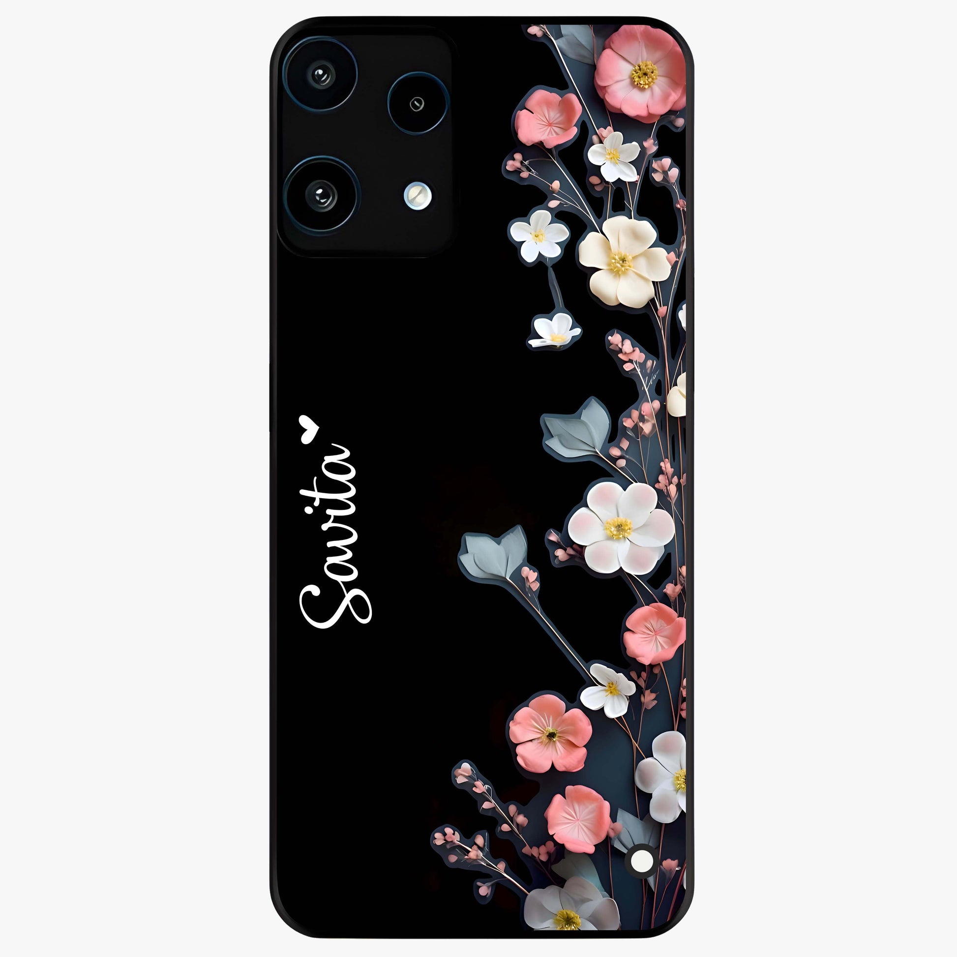 Black Elegance Floral Custom Name Glass Case showing flat back view with elegant floral artwork and personalized name design.