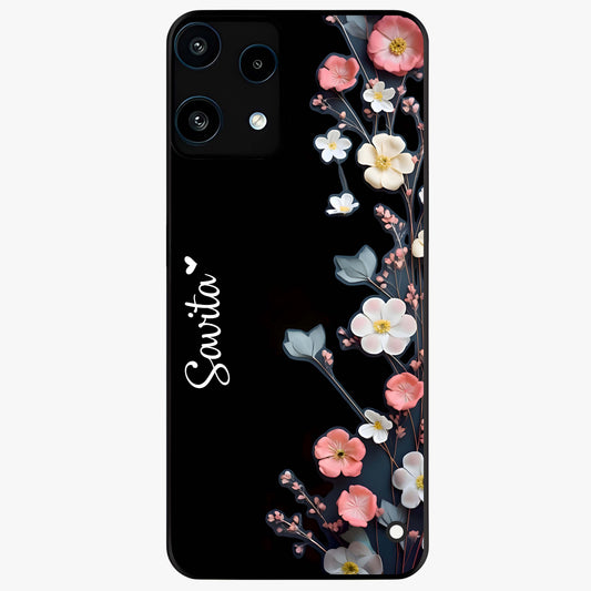 Black Elegance Floral Custom Name Glass Case showing flat back view with elegant floral artwork and personalized name design.