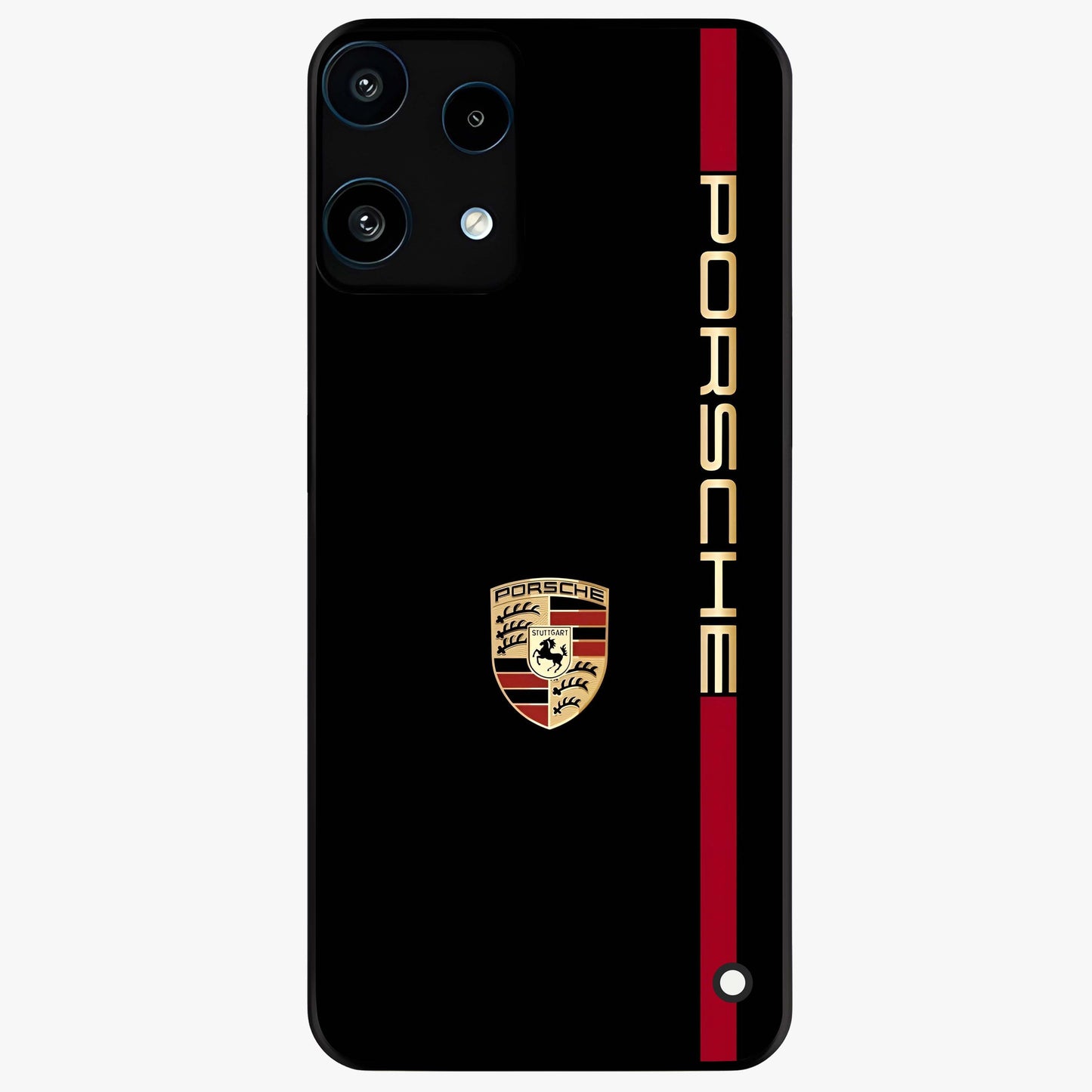 Black Minimal Porsche Glass Case showing flat back view with sleek minimal sports car artwork and glossy glass finish.