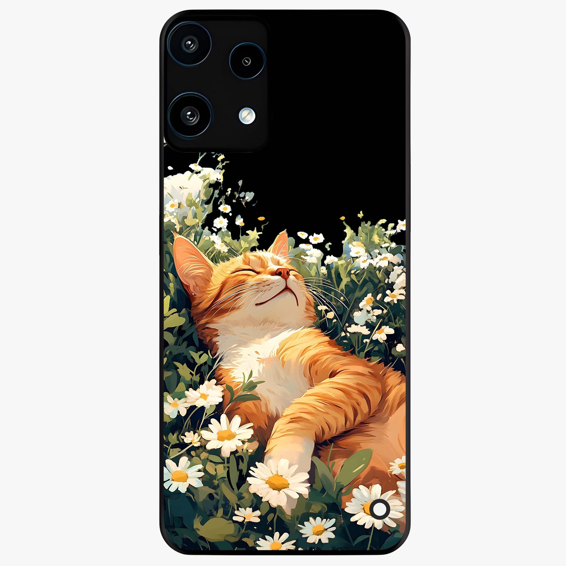 Blissful Bloom Cat Glass Case showing flat back view with cute cat and floral bloom artwork and glossy glass finish.
