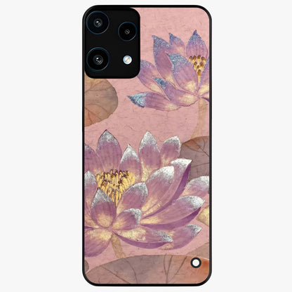 Blossom Mist Lotus Glass Case showing flat back view with serene lotus blossom artwork and glossy glass finish.