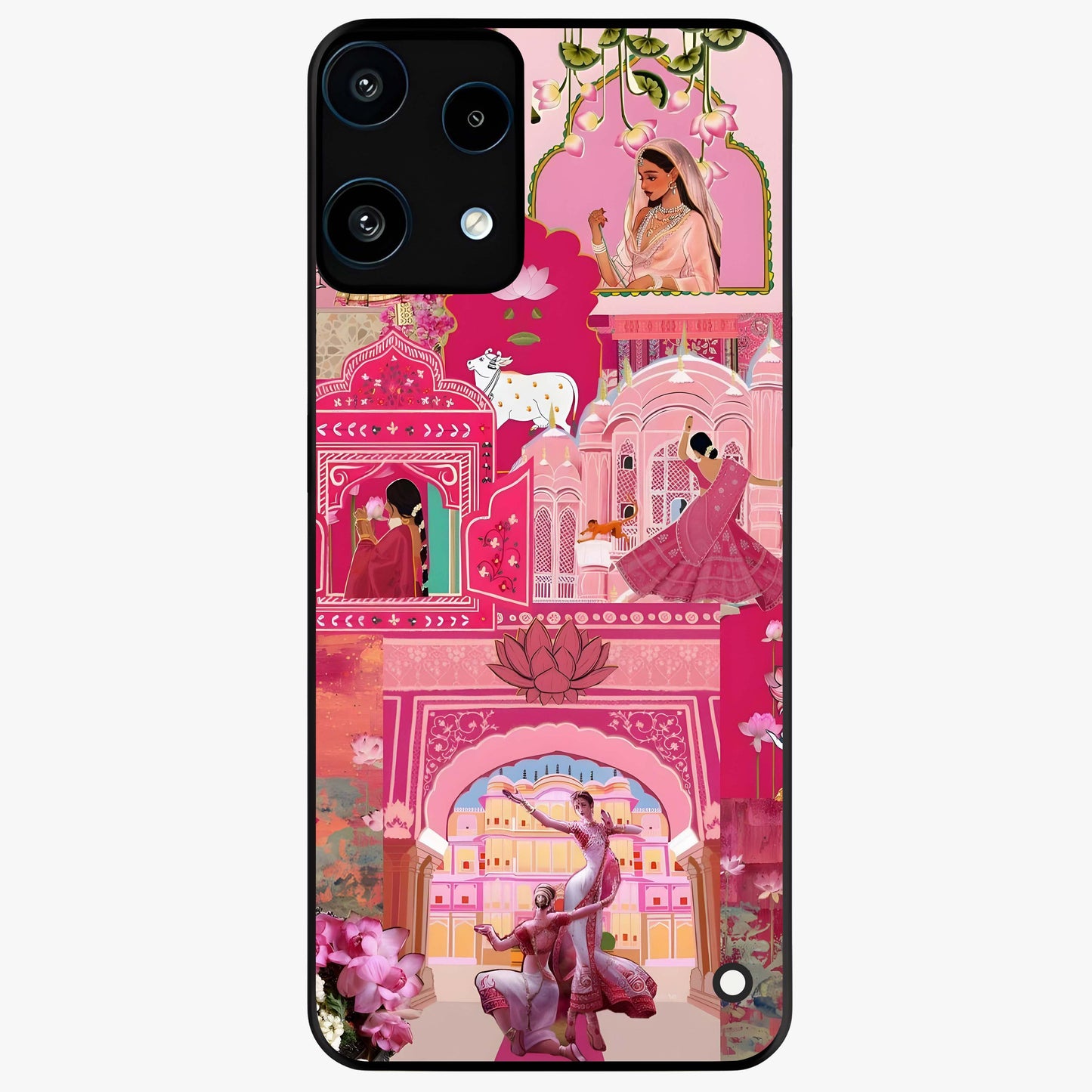 Blossoms of Rajasthan Glass Case showing flat back view with traditional floral artwork inspired by Rajasthan and glossy glass finish.