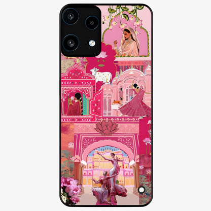 Blossoms of Rajasthan Glass Case showing flat back view with traditional floral artwork inspired by Rajasthan and glossy glass finish.