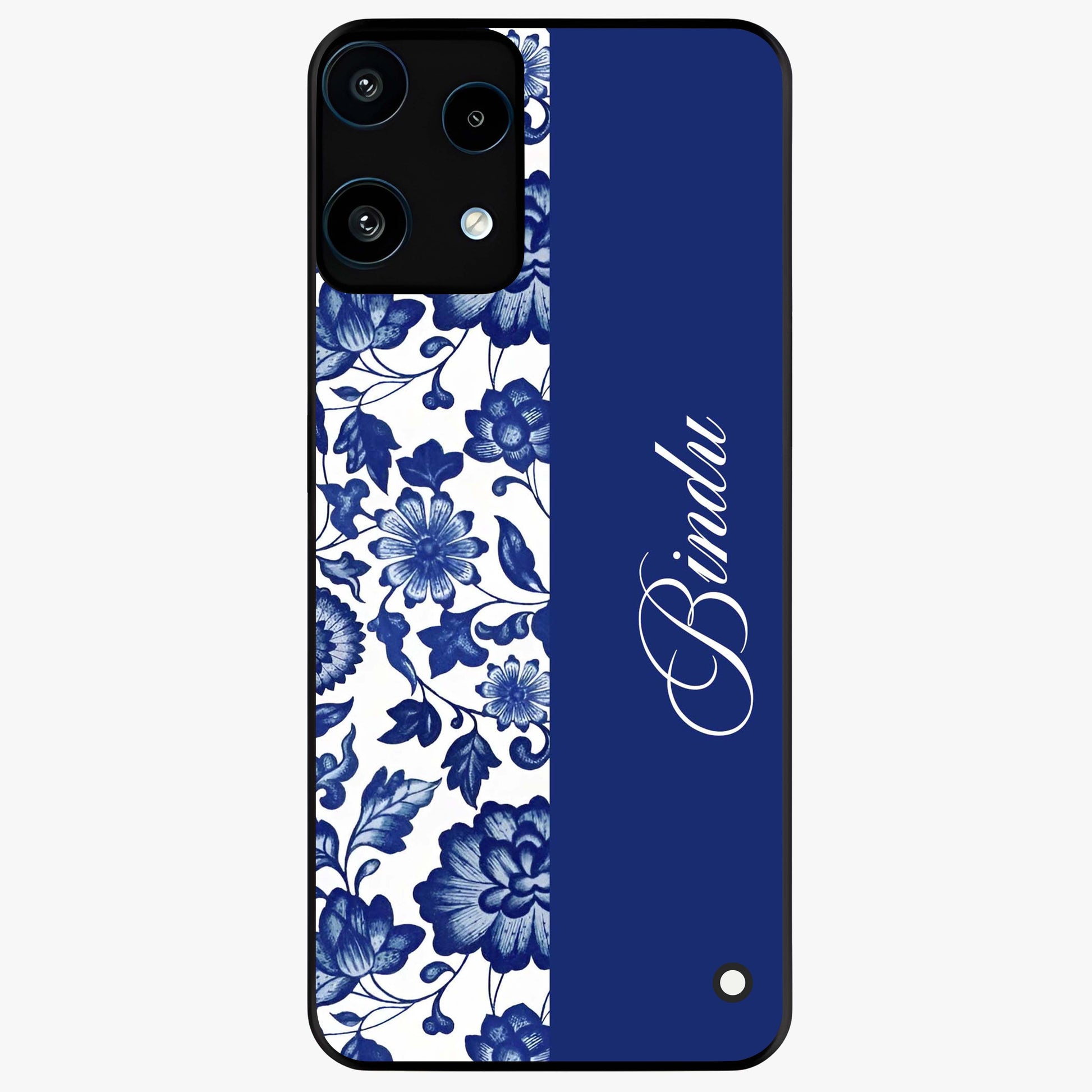 Blue Vintage Floral Pattern Glass Case upright view showcasing timeless floral illustration with vintage inspired style.