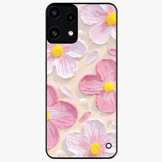 Blush Bloom Texture Glass Case showing flat back view with soft blush floral texture artwork and glossy glass finish.
