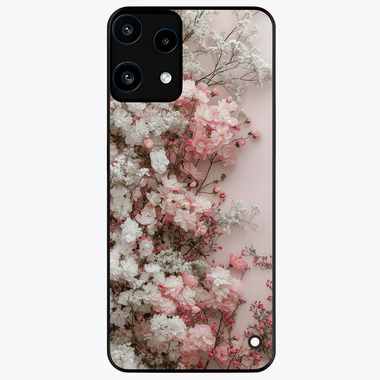 Blush Blossom Cloud Glass Case showing flat back view with dreamy blush cloud blossom artwork and glossy glass finish.