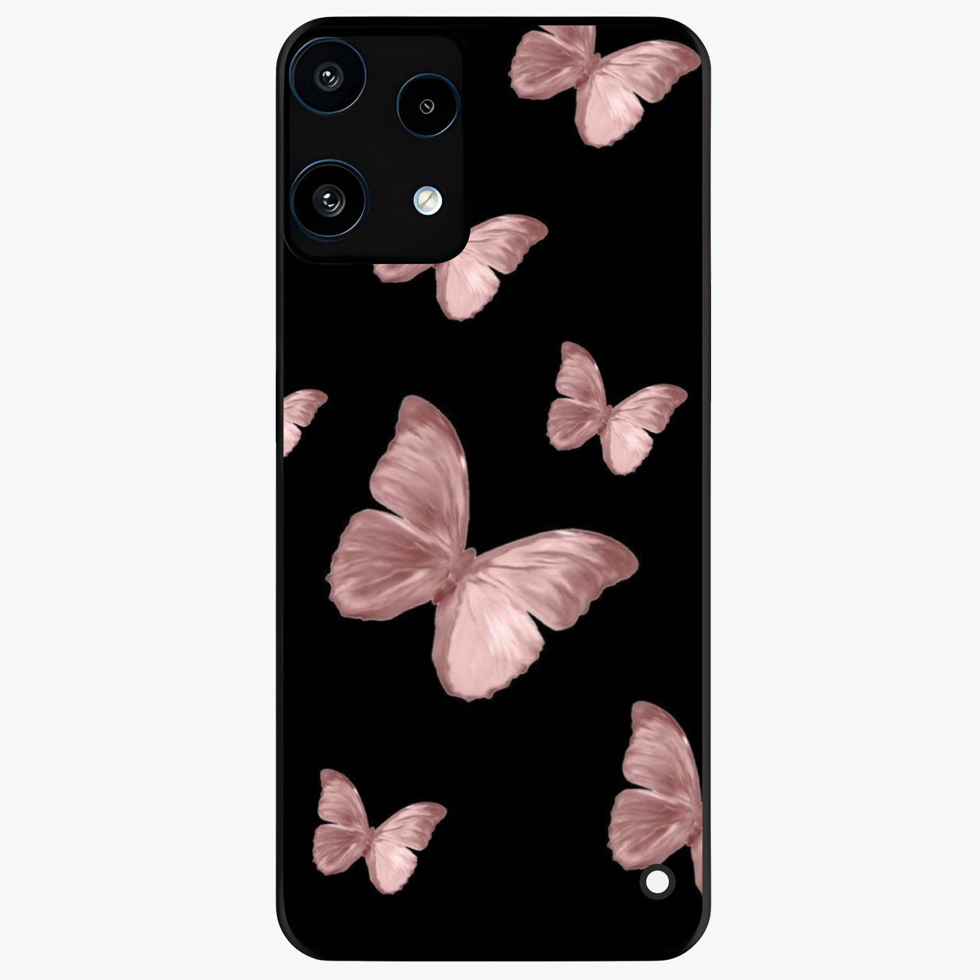 Butterfly Pattern Glass Case showing flat back view with elegant butterfly pattern artwork and glossy glass finish.