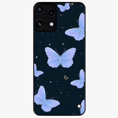 Butterfly With Stars Pattern Glass Case showing flat back view with butterfly and star pattern artwork and glossy glass finish.