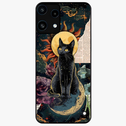 Celestial Black Cat Glass Case showing flat back view with mystical black cat artwork and glossy glass finish.