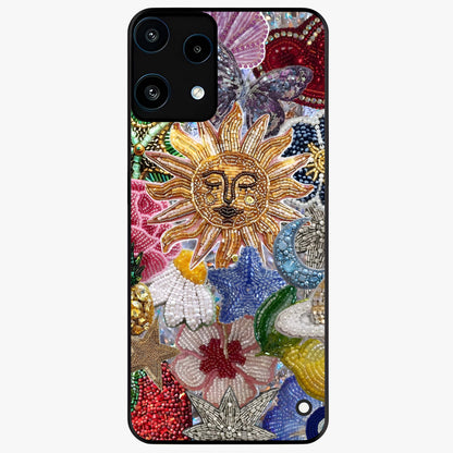 Celestial Floral and Playful Glass Case showing flat back view with floral and celestial themed artwork and glossy glass finish.