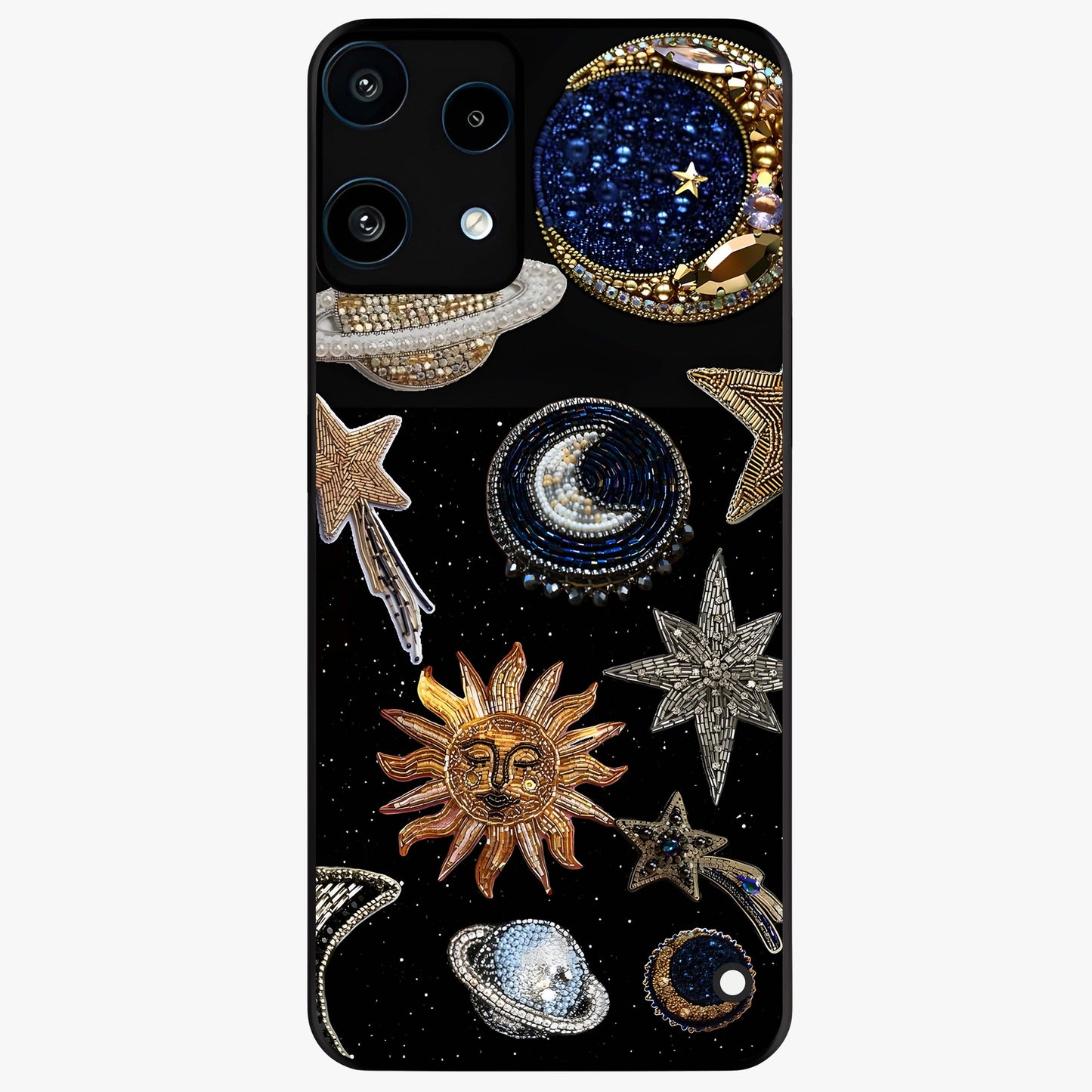 Celestial Gem Constellations Glass Case showing flat back view with sparkling constellation artwork and glossy glass finish.