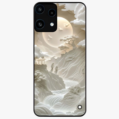 Celestial Origami Glass Case showing flat back view with artistic origami inspired celestial artwork and glossy glass finish.