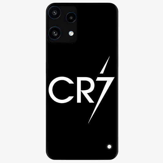 Cr7 Elite Strike Glass Case showing flat back view with dynamic football inspired artwork and glossy glass finish.