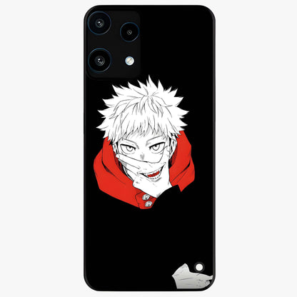 Crimson Chaos Smile Glass Case showing flat back view with bold chaotic smile artwork and glossy glass finish.